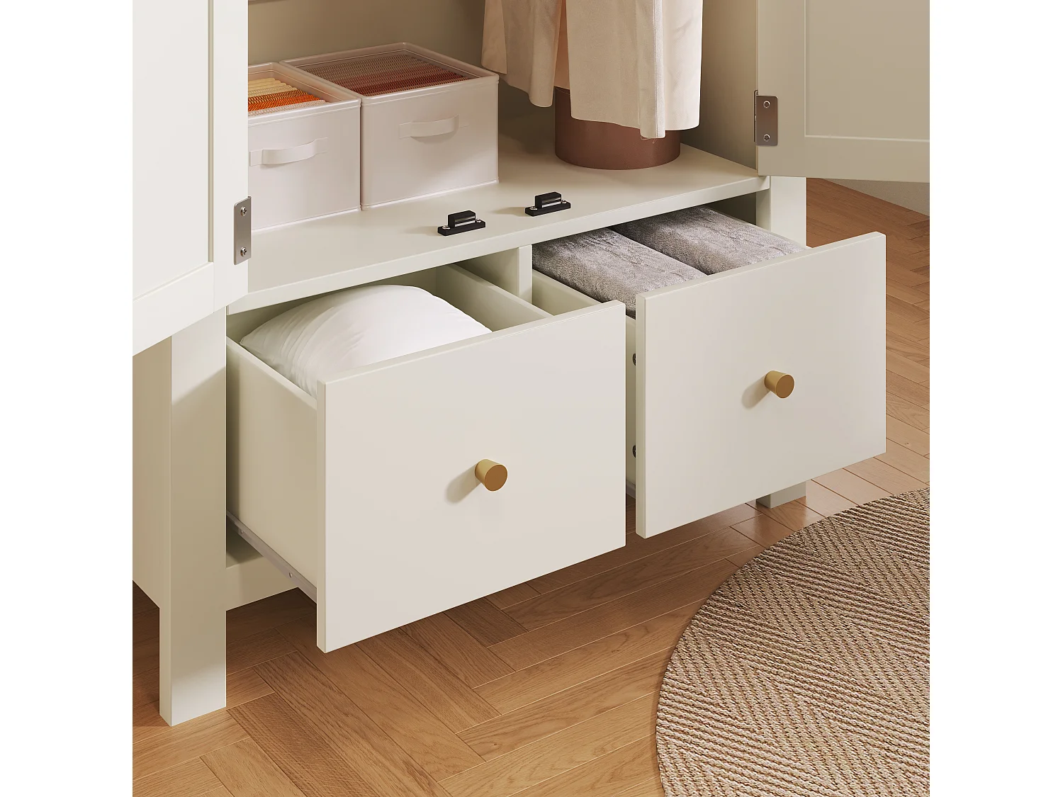 Gevlochten rotan kledingkast - 181 x 78 x 45 cm - landelijke stijl met eikenhouten afwerking - met plank + 2 deuren + 2 lades - hout - wit