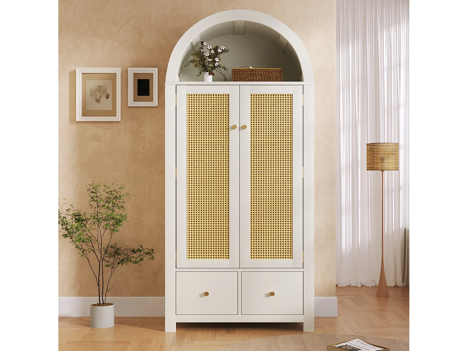 Gevlochten rotan kledingkast - 181 x 78 x 45 cm - landelijke stijl met eikenhouten afwerking - met plank + 2 deuren + 2 lades - hout - wit