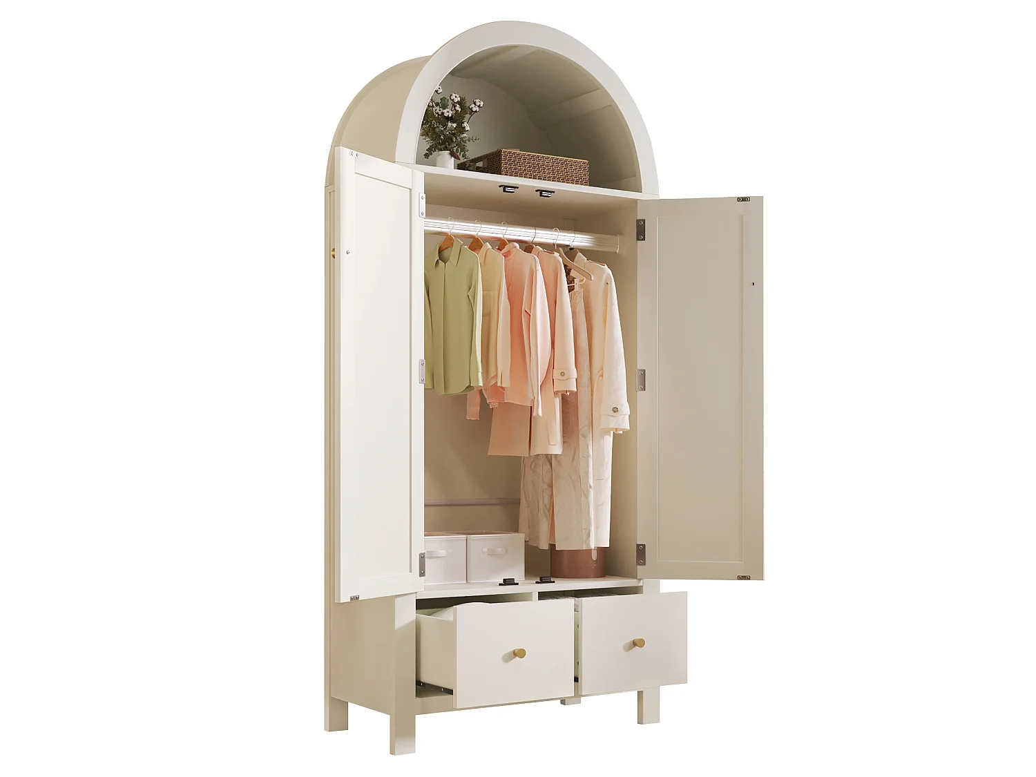 Wicker rattan wardrobe - 181 x 78 x 45 cm - country style with oak finish - with shelf + 2 doors + 2 drawers - wood - white