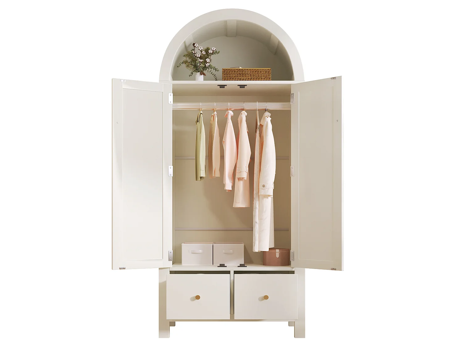 Wicker rattan wardrobe - 181 x 78 x 45 cm - country style with oak finish - with shelf + 2 doors + 2 drawers - wood - white