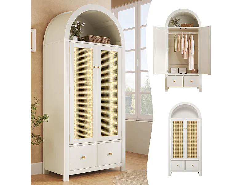 Szafa z plecionego rattanu - 181 x 78 x 45 cm - styl rustykalny z wykończeniem dębowym - z półką + 2 drzwi + 2 szuflady - drewno - biały