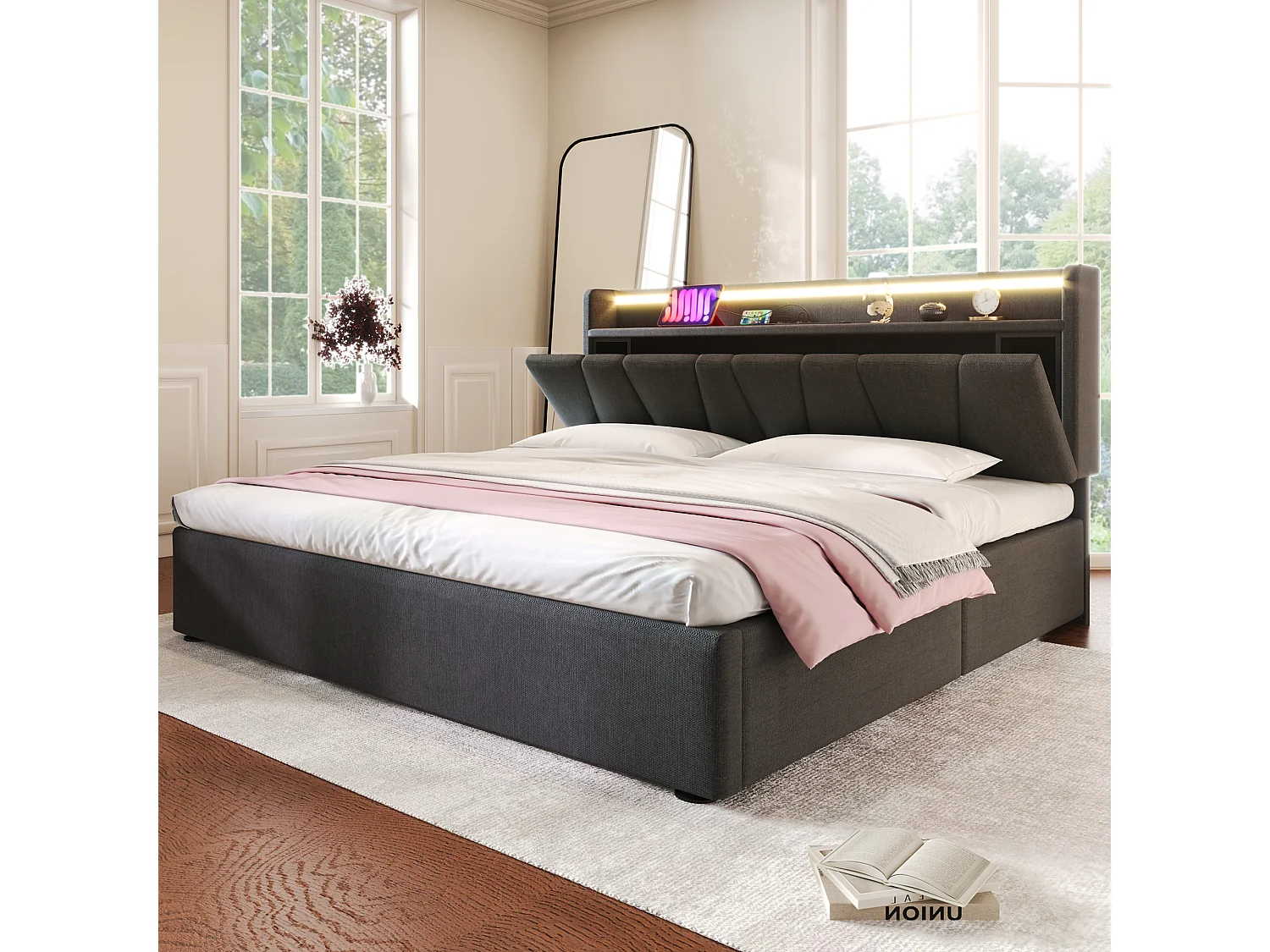 Lit coffre capitonné - 140 x 190 cm - avec USB + tête de lit de rangement + Leds - bois - gris