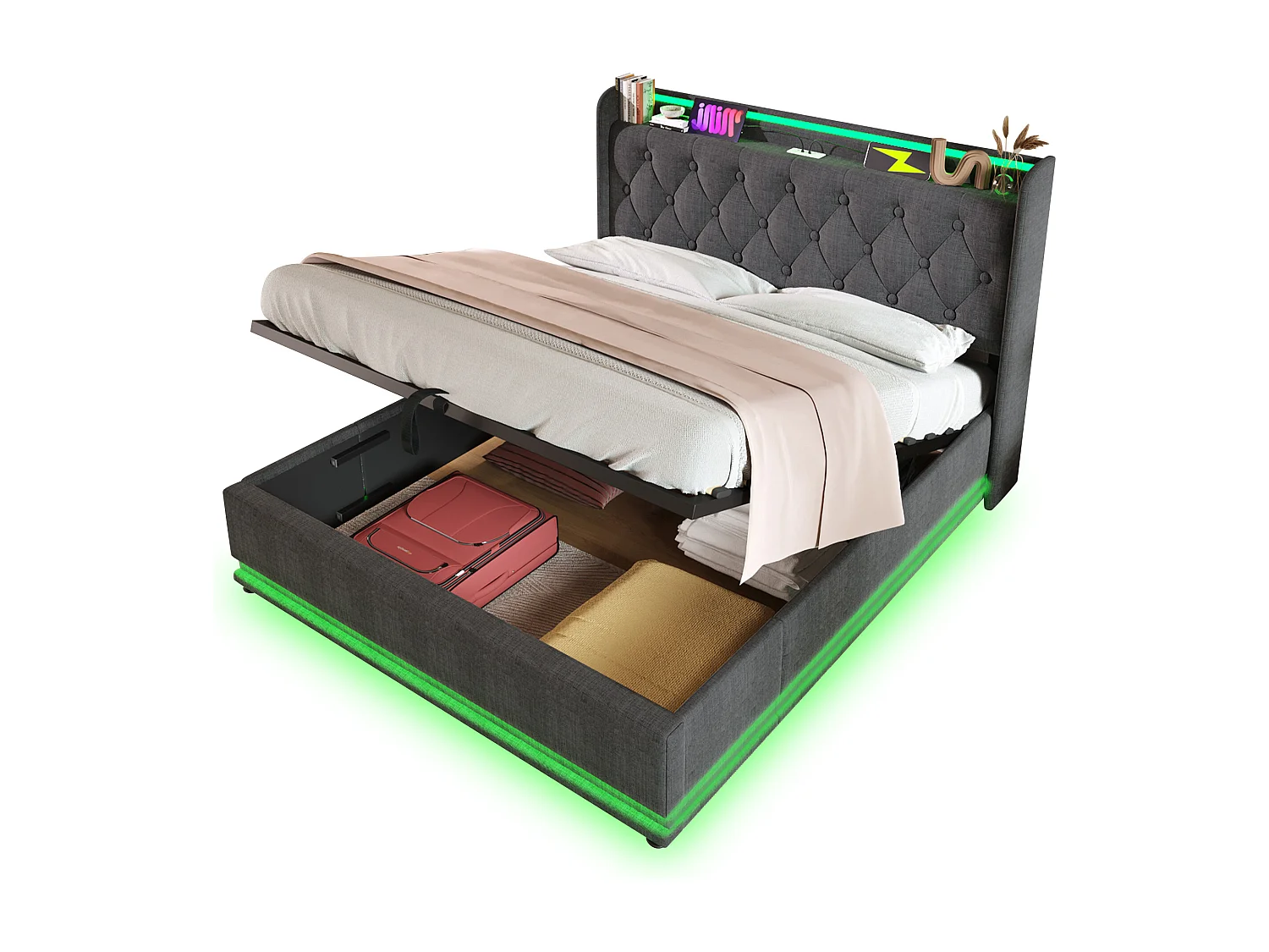 Lit coffre double capitonné - 140 x 190 cm - avec Leds + coffre hydraulique + tête de lit + USB Type-C - lin - gris