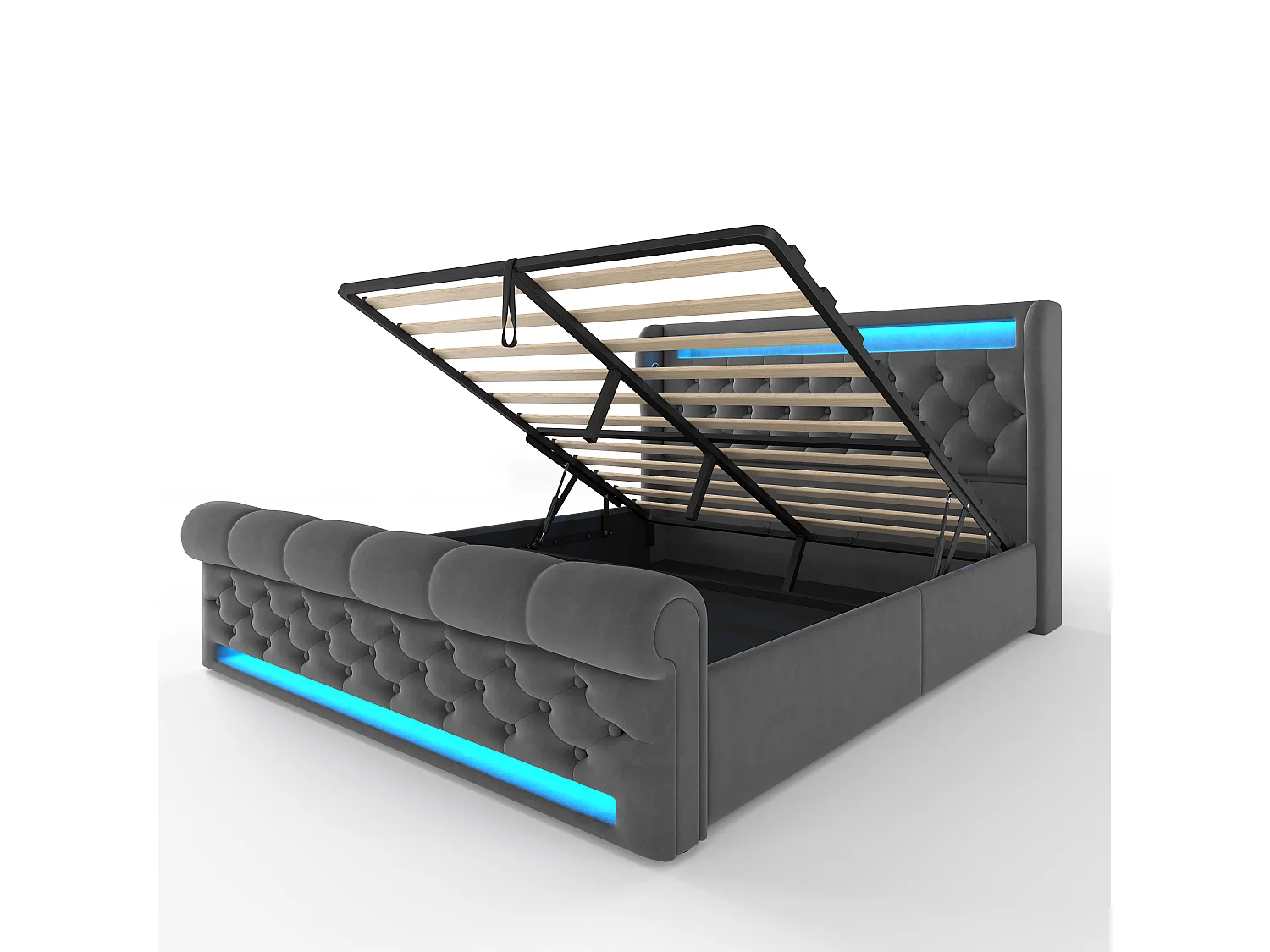 Lit coffre double capitonné - 140 x 190 cm  - avec Leds + tête de lit + USB et Type-C - sommier hydraulique - velours - gris