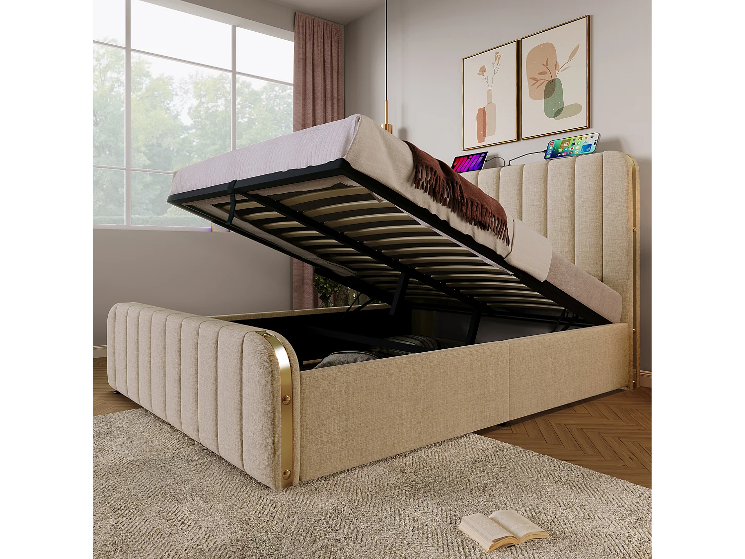 Lit coffre capitonné double - 160 x 200 cm - avec tête de lit + USB Type-C + rangement hydraulique - lin - beige