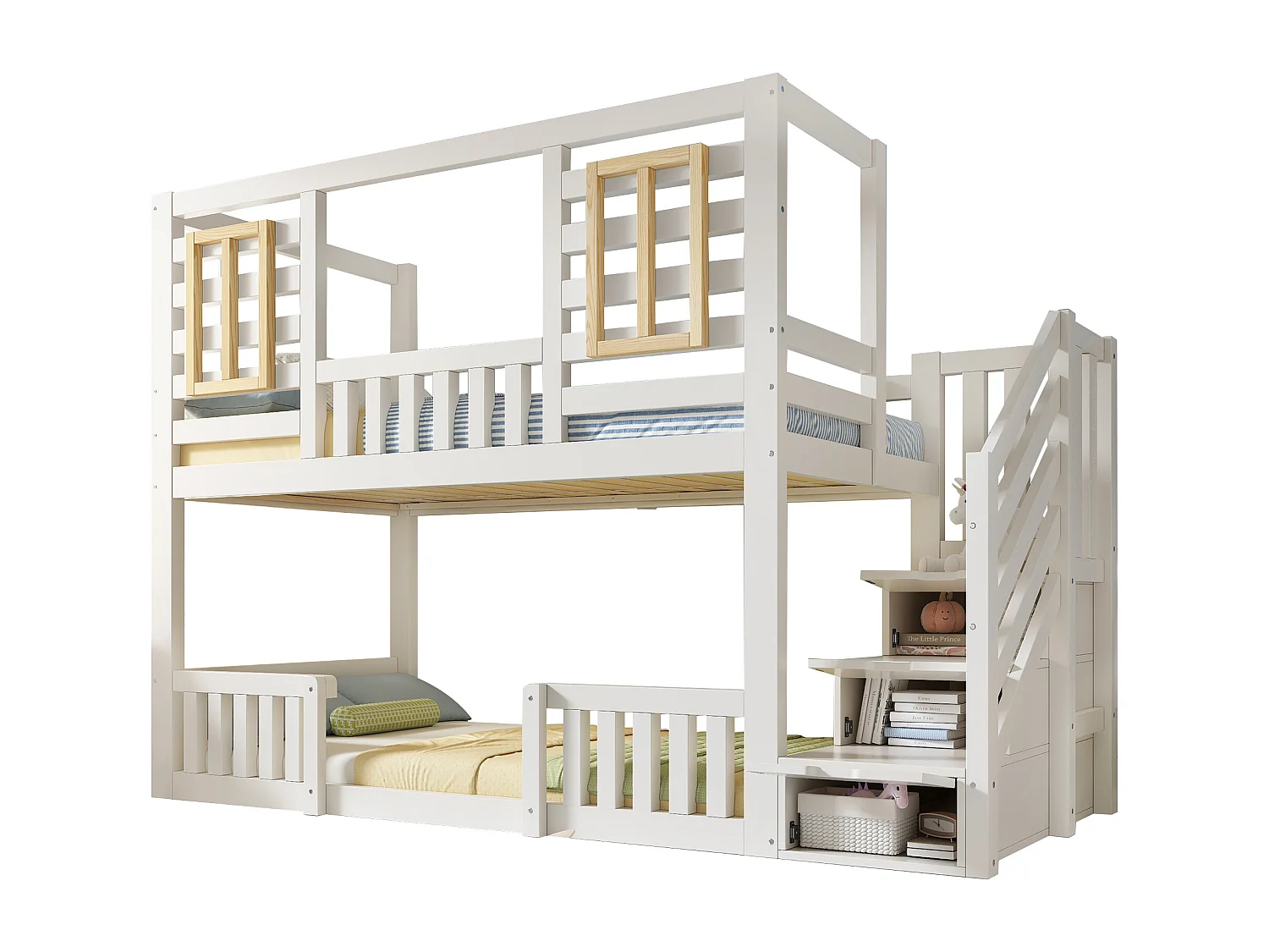 Lit superposé pour enfant - 2 x 90 x 200 cm - style cabane avec fenêtres - avec escalier de rangement - bois - blanc