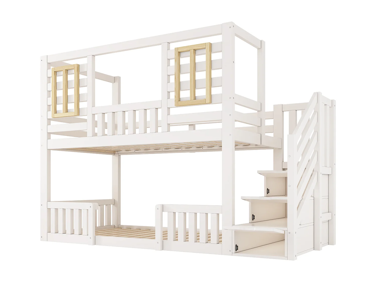 Lit superposé pour enfant - 2 x 90 x 200 cm - style cabane avec fenêtres - avec escalier de rangement - bois - blanc