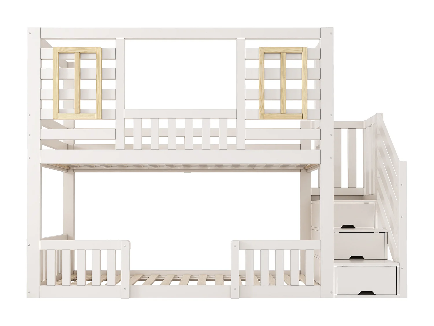 Lit superposé pour enfant - 2 x 90 x 200 cm - style cabane avec fenêtres - avec escalier de rangement - bois - blanc