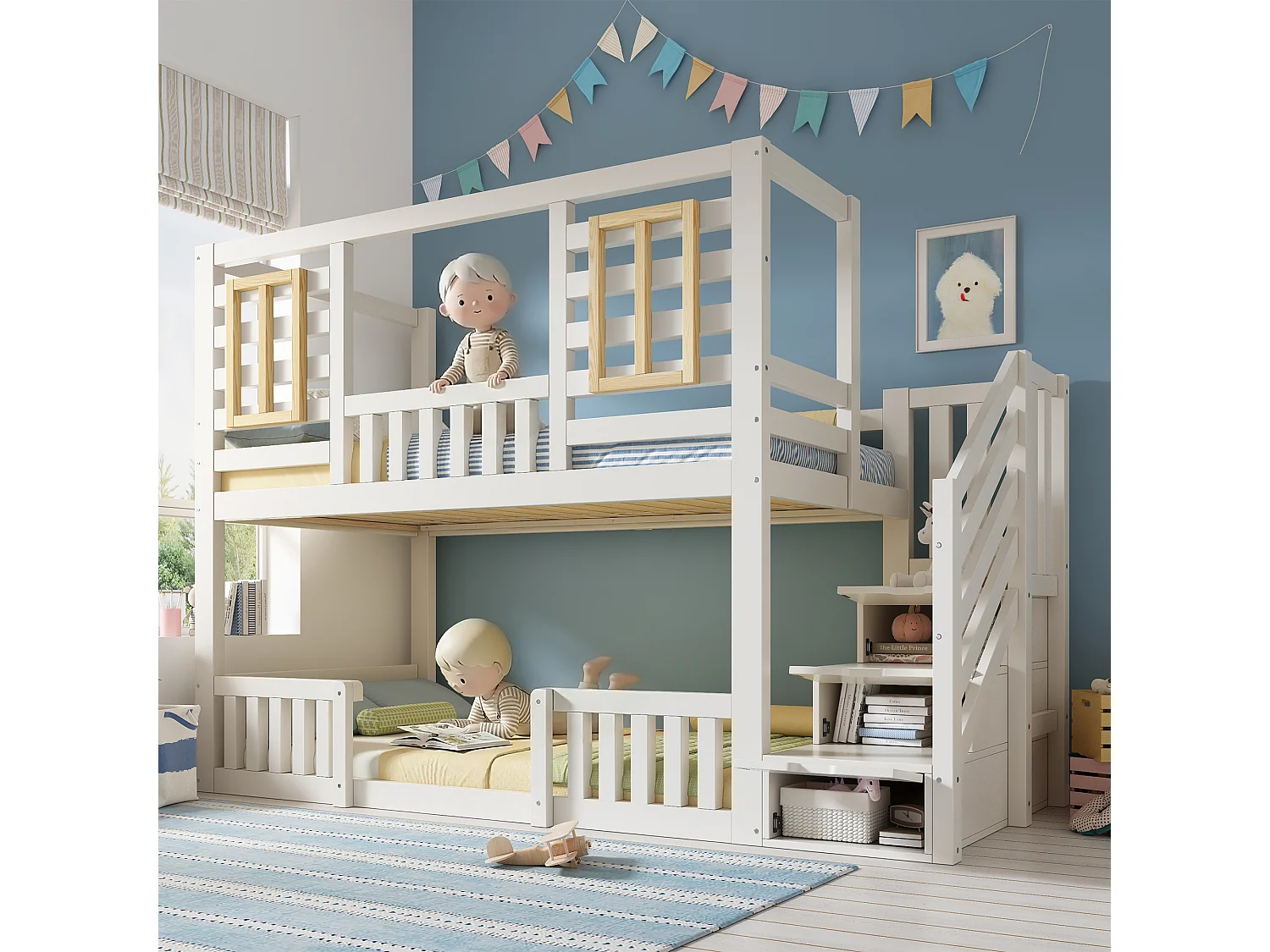 Lit superposé pour enfant - 2 x 90 x 200 cm - style cabane avec fenêtres - avec escalier de rangement - bois - blanc
