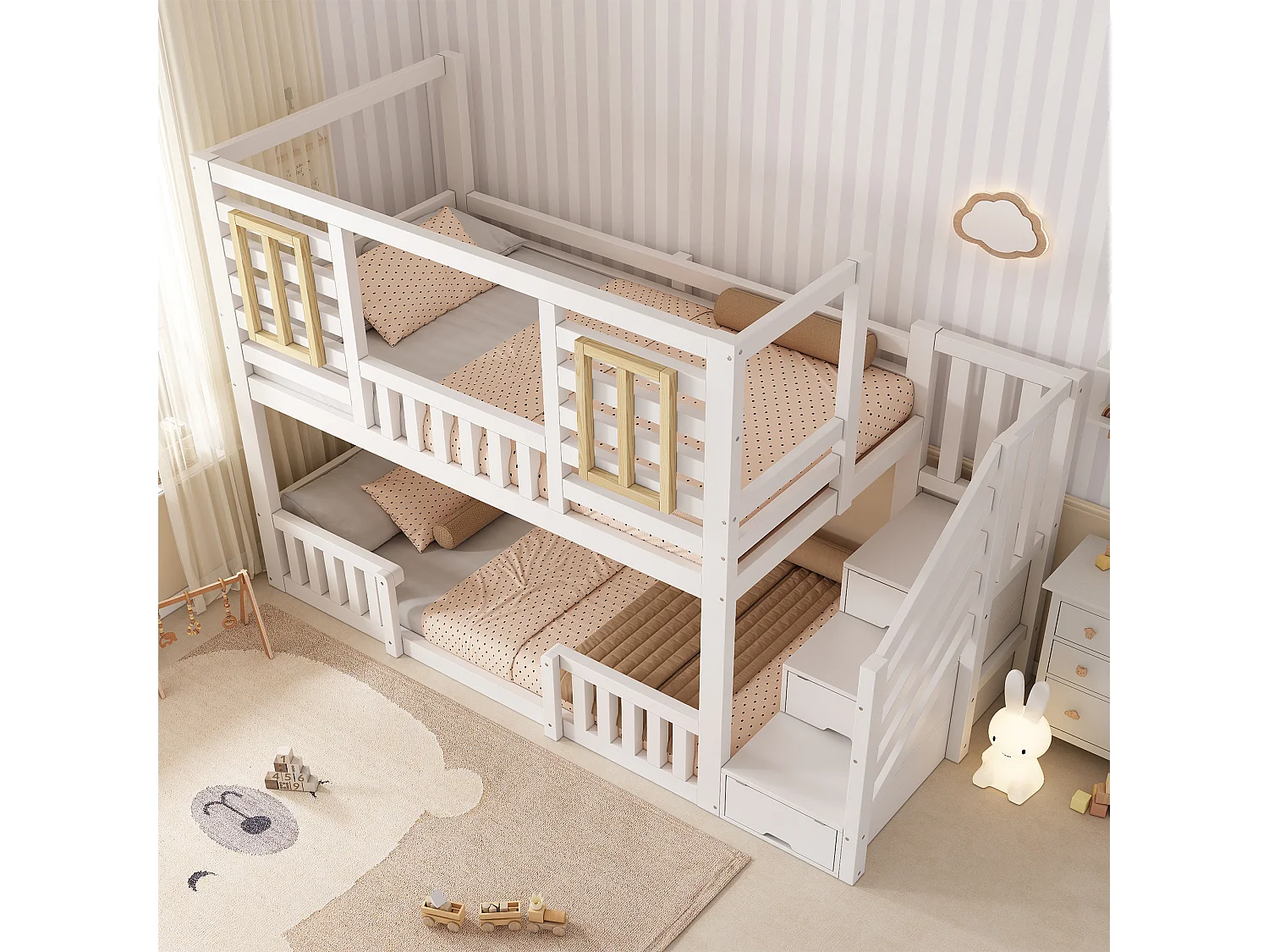 Lit superposé pour enfant - 2 x 90 x 200 cm - style cabane avec fenêtres - avec escalier de rangement - bois - blanc