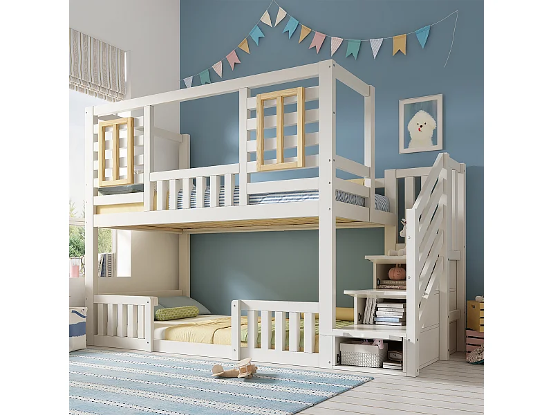 Lit superposé pour enfant - 2 x 90 x 200 cm - style cabane avec fenêtres - avec escalier de rangement - bois - blanc