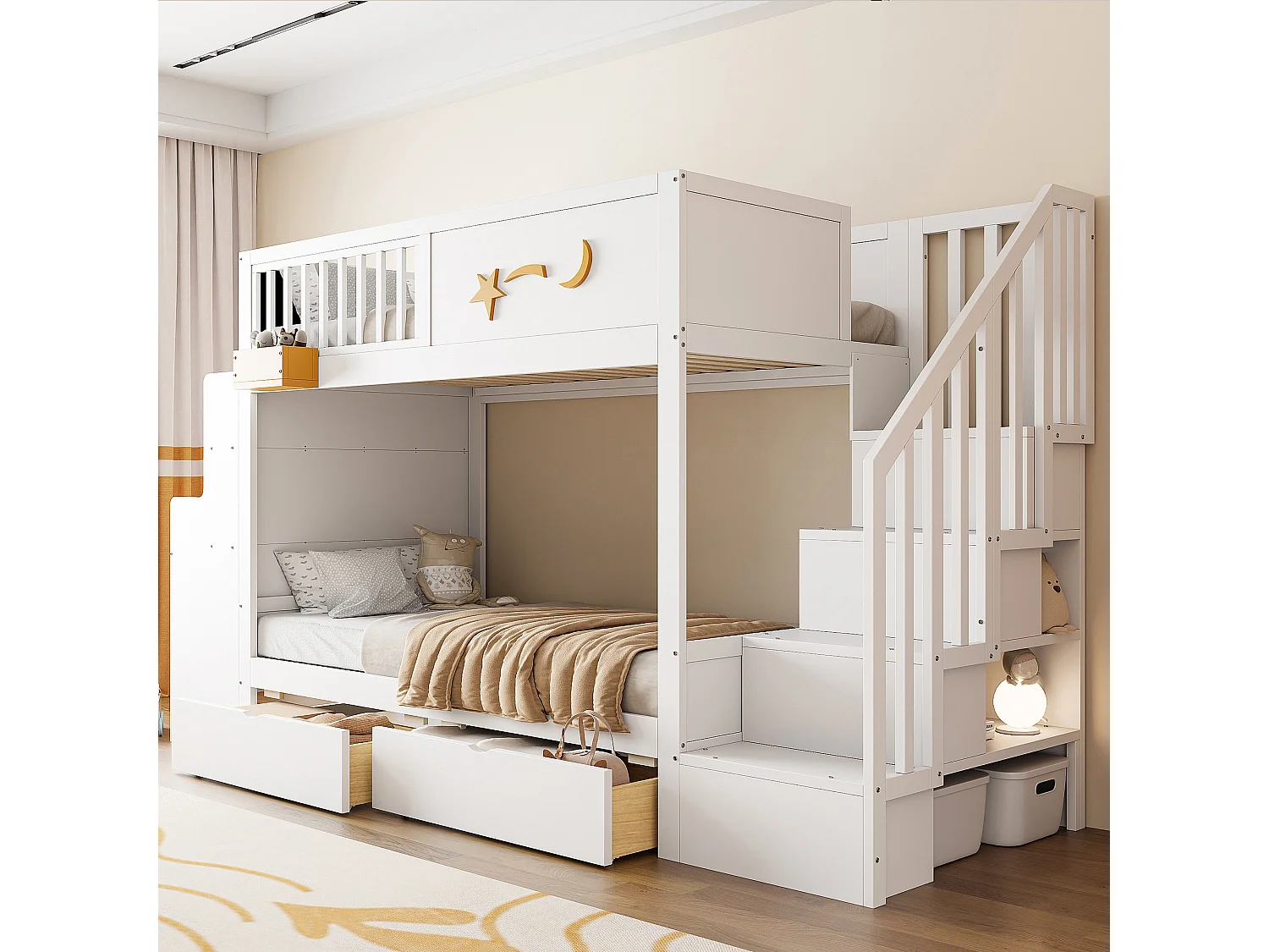 Lit superposé pour enfant - 2 x 90 x 200 cm - avec tiroirs + escalier de rangement + bureau - pin massif - blanc