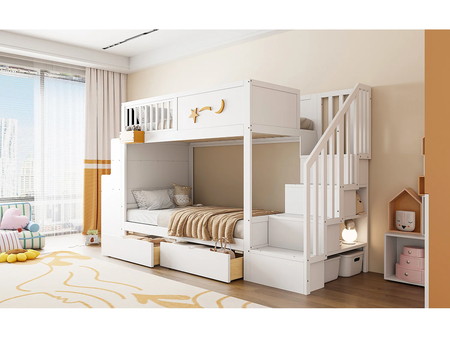 Lit superposé pour enfant - 2 x 90 x 200 cm - avec tiroirs + escalier de rangement + bureau - pin massif - blanc
