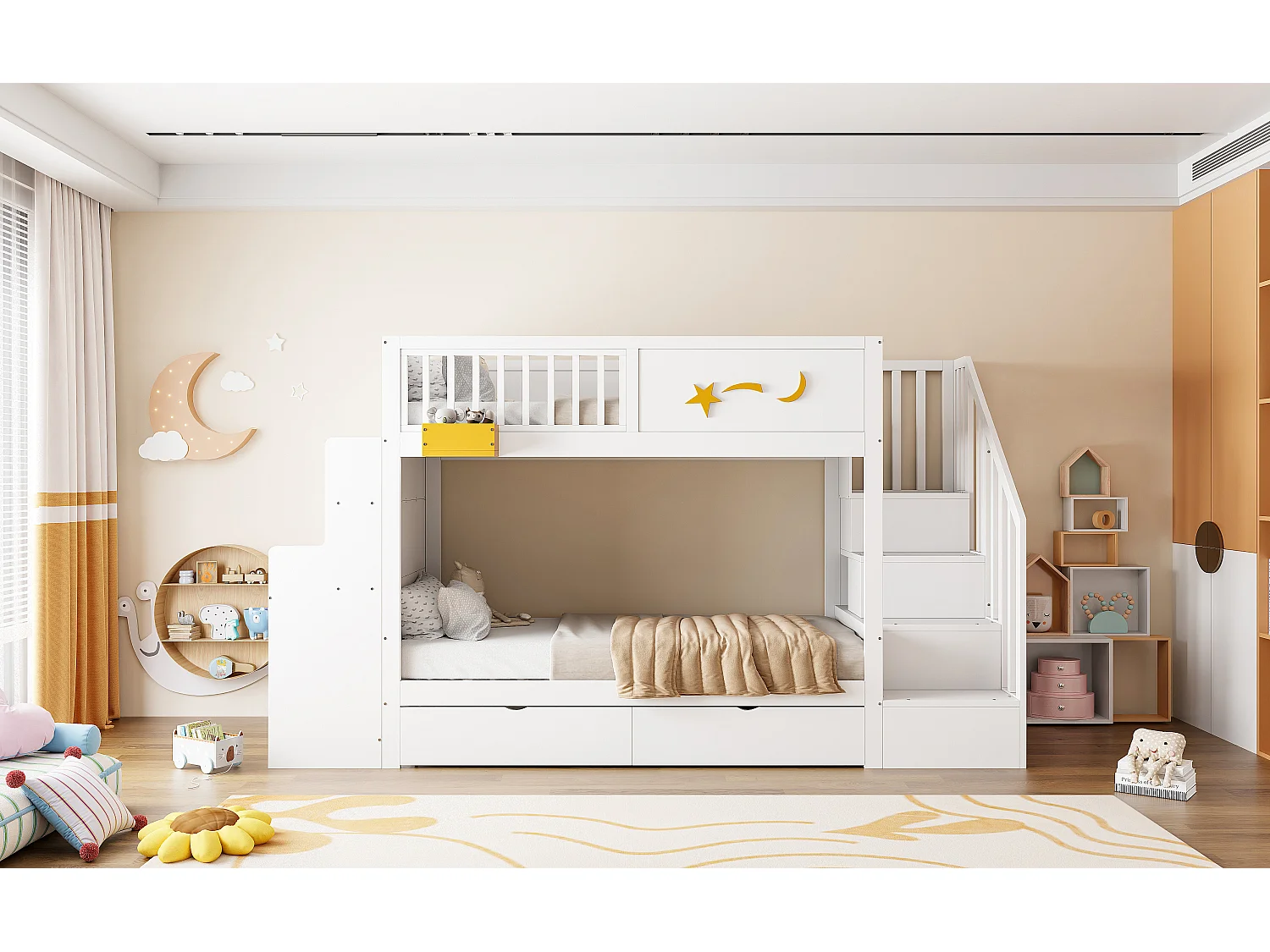 Lit superposé pour enfant - 2 x 90 x 200 cm - avec tiroirs + escalier de rangement + bureau - pin massif - blanc