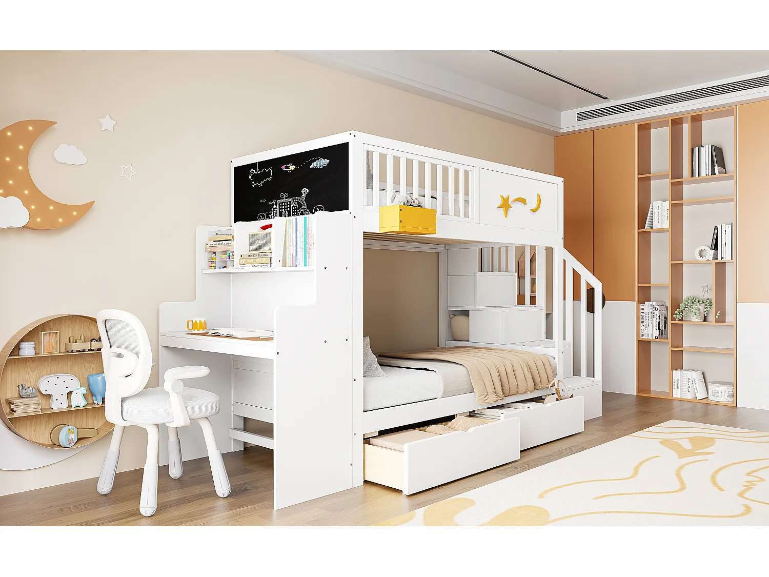 Lit superposé pour enfant - 2 x 90 x 200 cm - avec tiroirs + escalier de rangement + bureau - pin massif - blanc