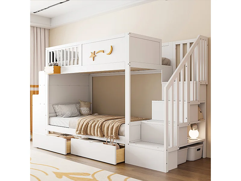 Lit superposé pour enfant - 2 x 90 x 200 cm - avec tiroirs + escalier de rangement + bureau - pin massif - blanc