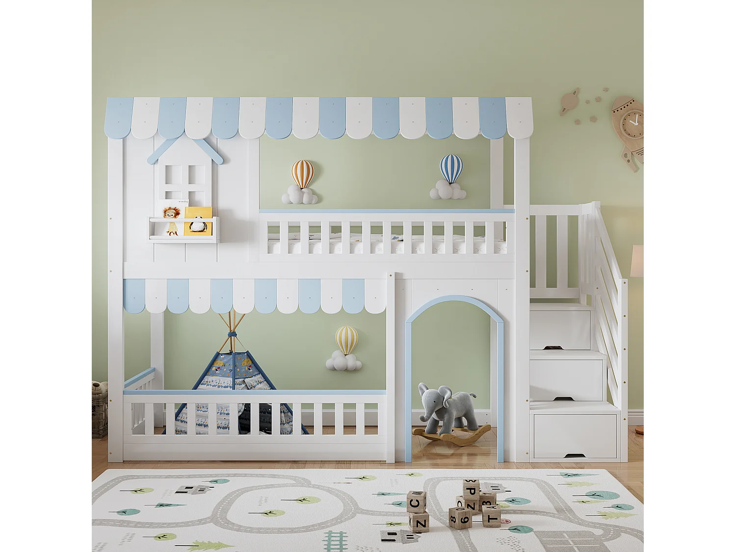 Lit superposé pour enfant - 90 x 200 cm - avec escalier de rangement + fenêtres - pin + MDF - blanc + bleu