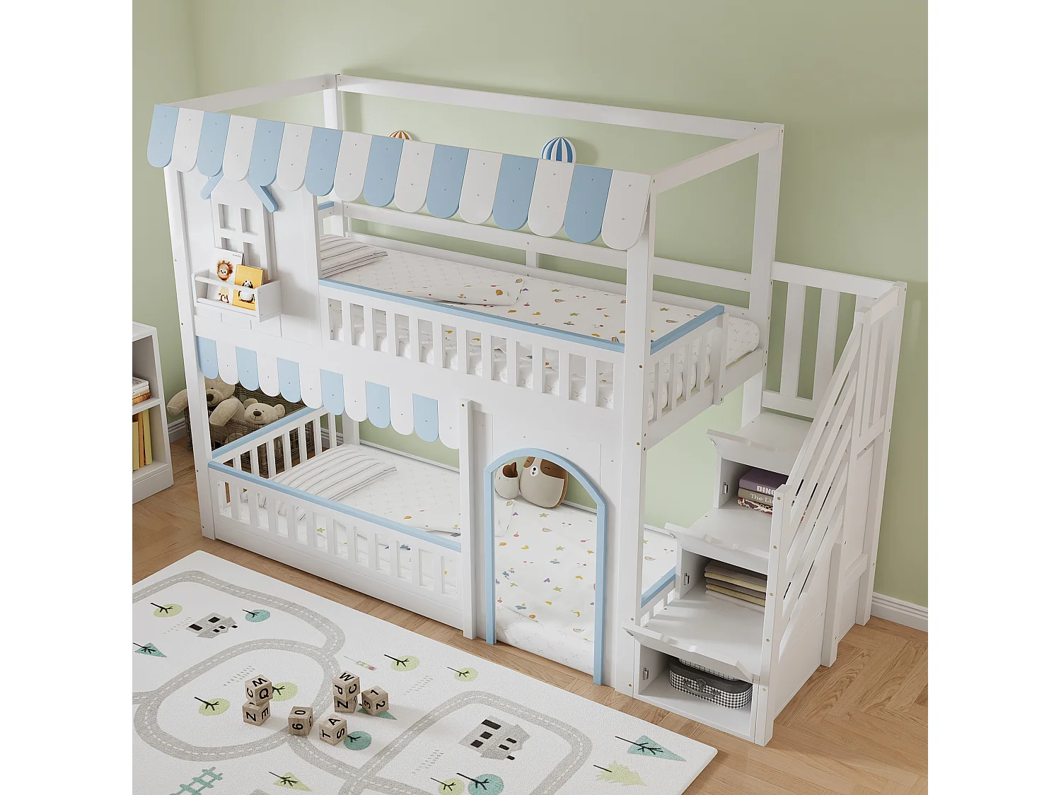 Lit superposé pour enfant - 90 x 200 cm - avec escalier de rangement + fenêtres - pin + MDF - blanc + bleu