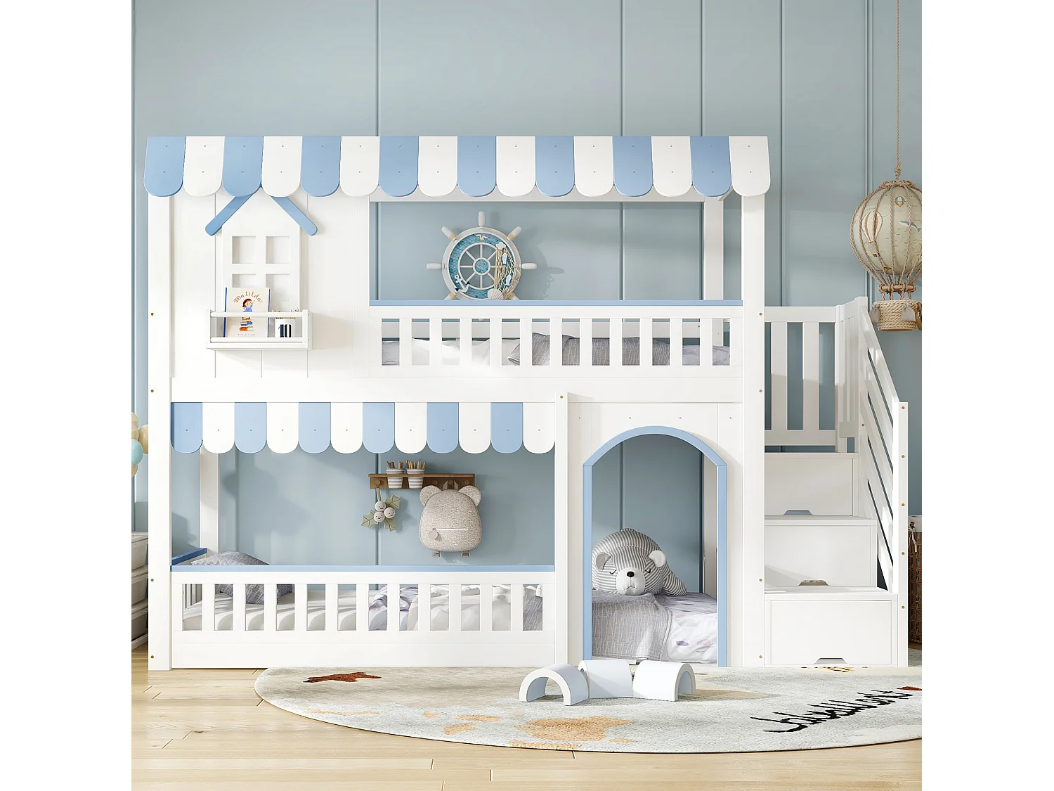 Lit superposé pour enfant - 90 x 200 cm - avec escalier de rangement + fenêtres - pin + MDF - blanc + bleu