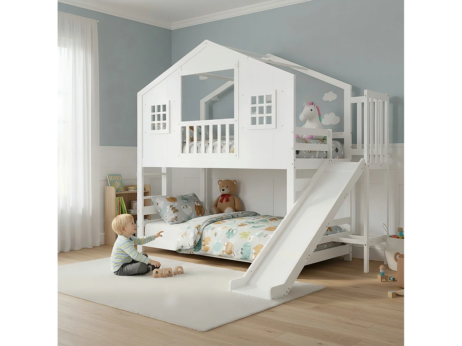 Lit superposé pour enfant - 2 x 90 x 200 cm - avec toboggan + fenêtre et toit + sommier à lattes - pin + MDF - blanc