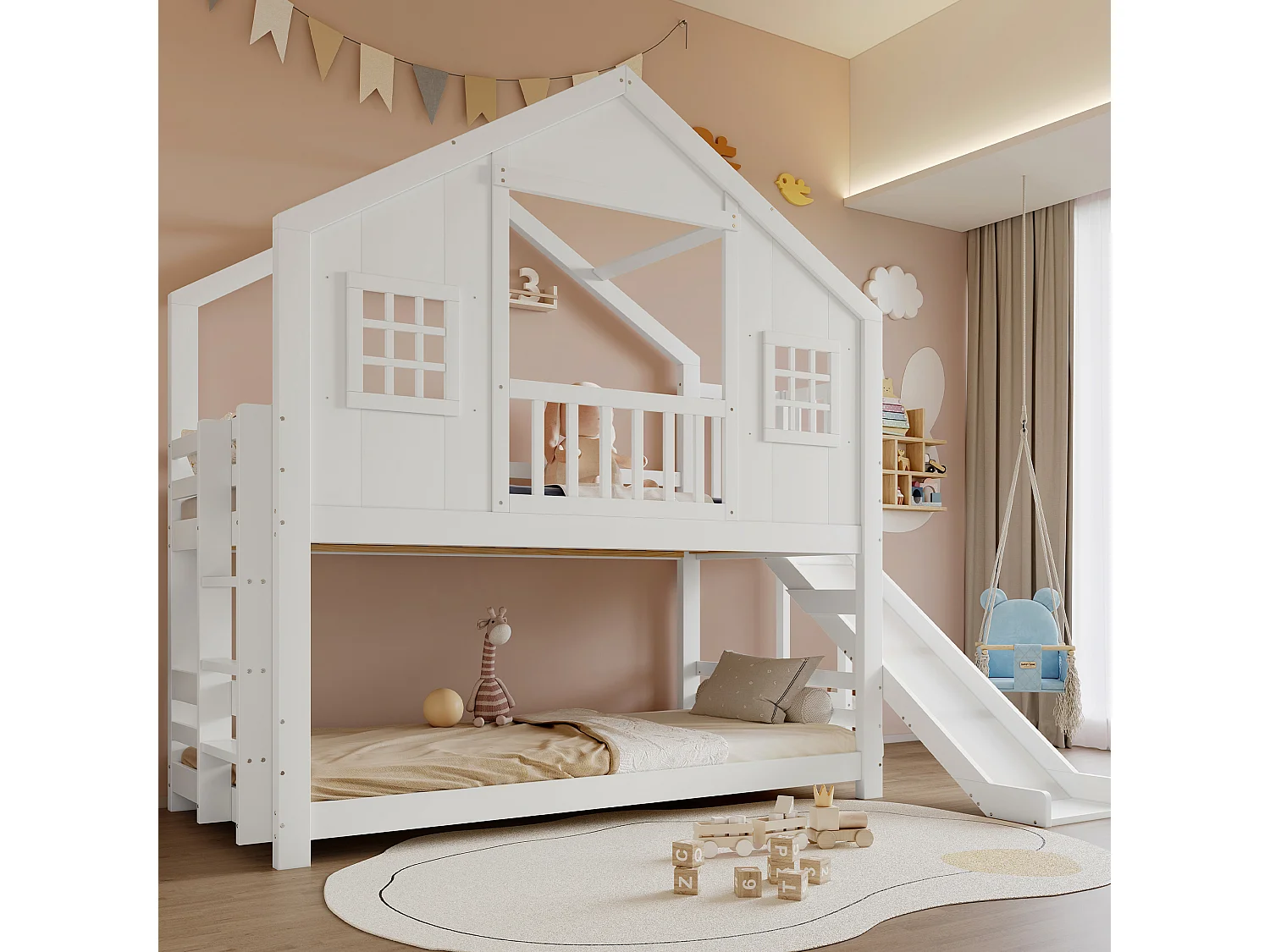Lit superposé pour enfant - 2 x 90 x 200 cm - avec toboggan + fenêtre et toit + sommier à lattes - pin + MDF - blanc