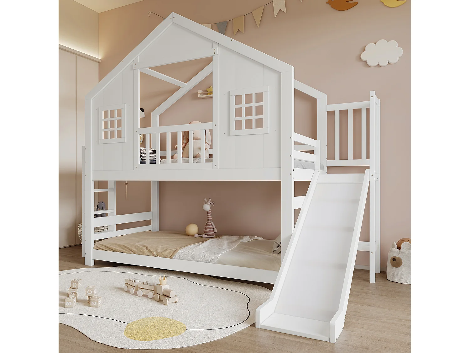 Lit superposé pour enfant - 2 x 90 x 200 cm - avec toboggan + fenêtre et toit + sommier à lattes - pin + MDF - blanc