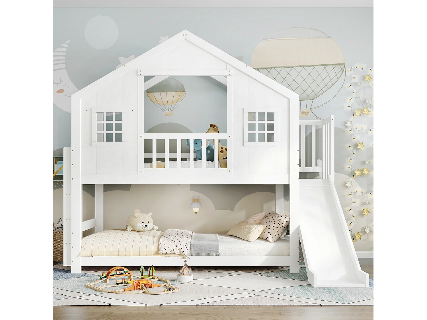 Lit superposé pour enfant - 2 x 90 x 200 cm - avec toboggan + fenêtre et toit + sommier à lattes - pin + MDF - blanc