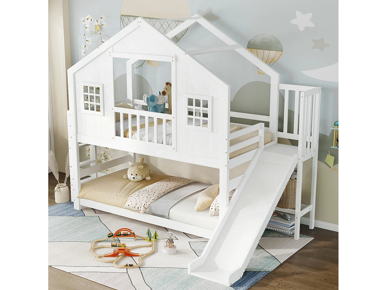 Lit superposé pour enfant - 2 x 90 x 200 cm - avec toboggan + fenêtre et toit + sommier à lattes - pin + MDF - blanc