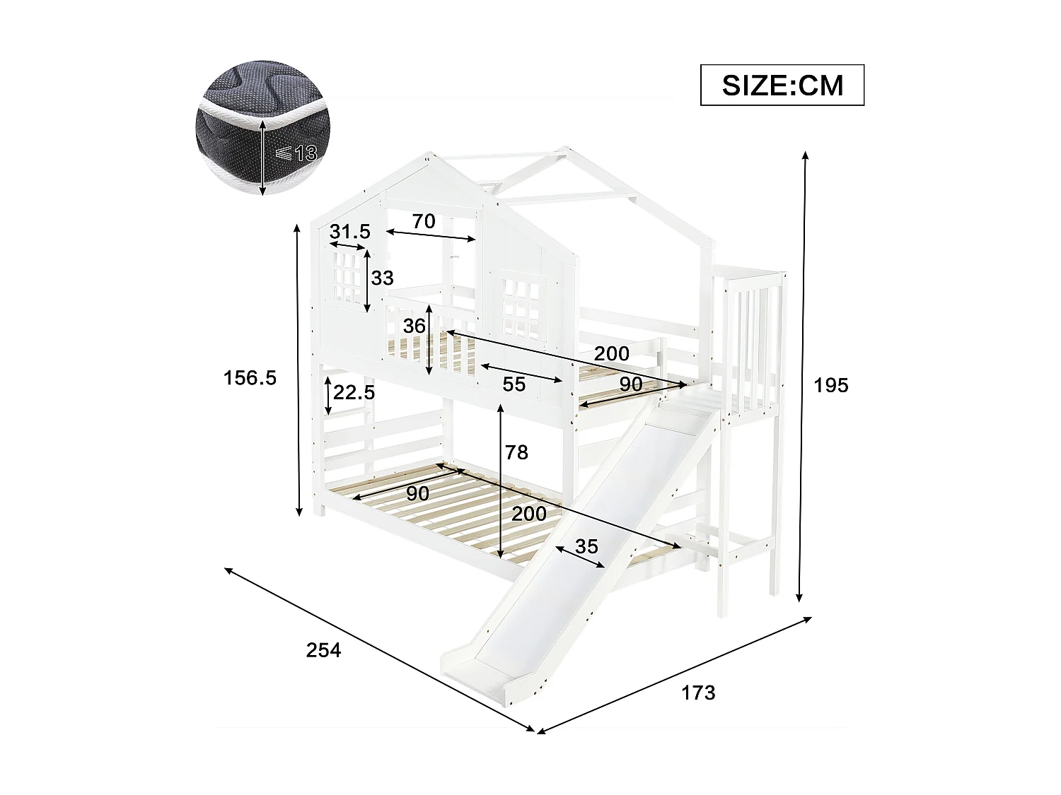 Lit superposé pour enfant - 2 x 90 x 200 cm - avec toboggan + fenêtre et toit + sommier à lattes - pin + MDF - blanc