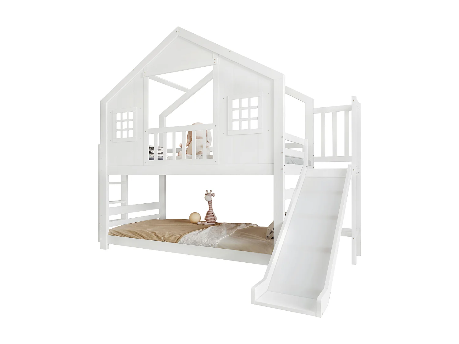 Lit superposé pour enfant - 2 x 90 x 200 cm - avec toboggan + fenêtre et toit + sommier à lattes - pin + MDF - blanc