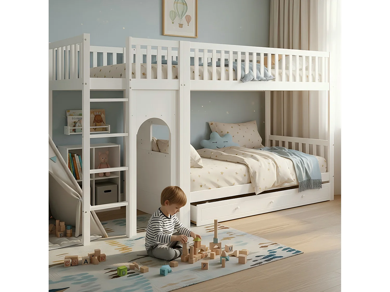 Lit superposé pour enfant - 2 x 90 x 200 cm - avec barrières de sécurité + tiroirs - pin + MDF - blanc