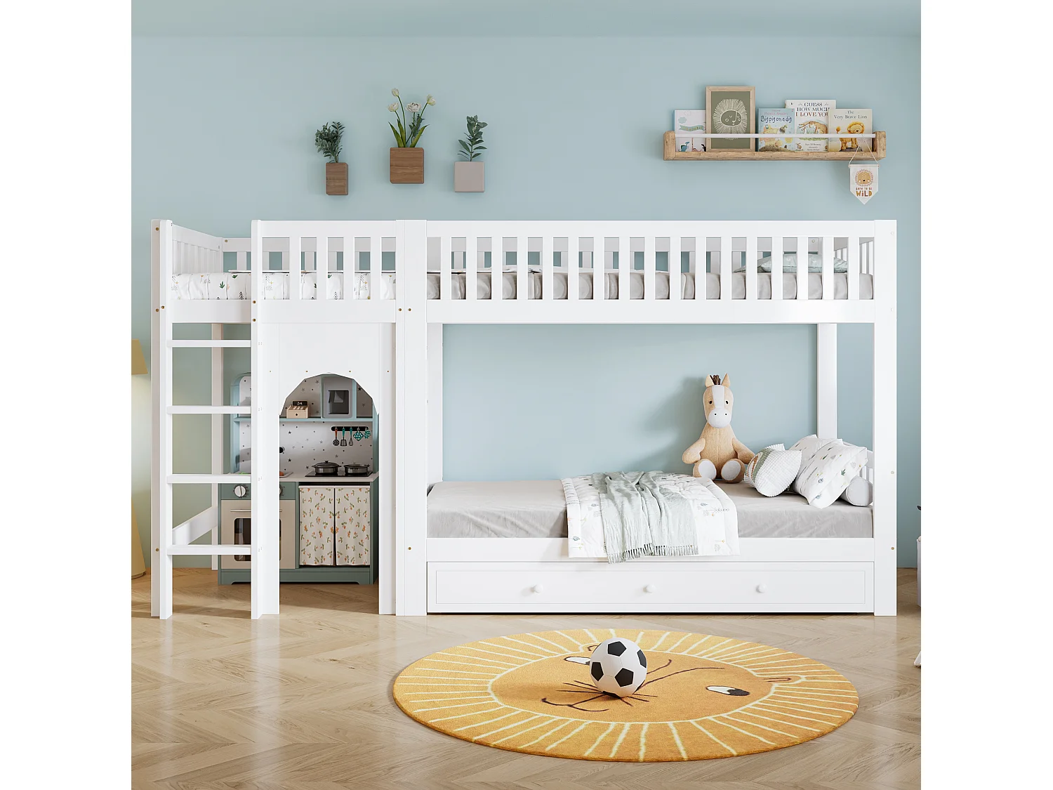 Lit superposé pour enfant - 2 x 90 x 200 cm - avec barrières de sécurité + tiroirs - pin + MDF - blanc