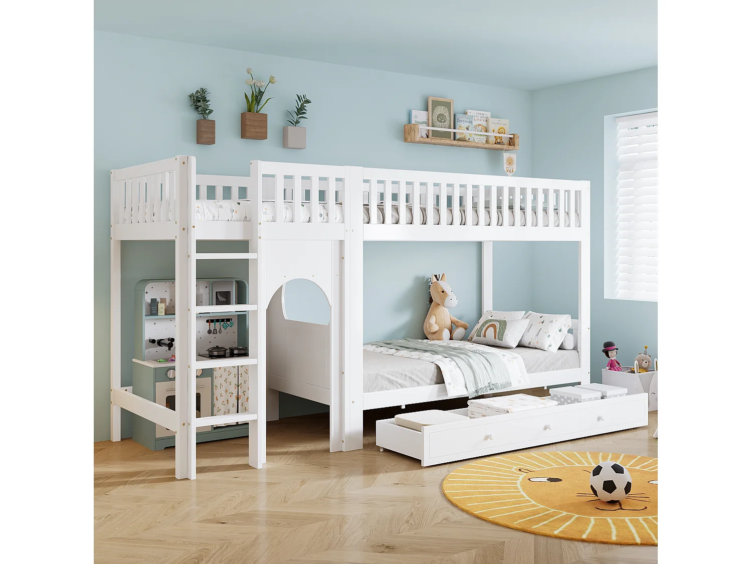 Lit superposé pour enfant - 2 x 90 x 200 cm - avec barrières de sécurité + tiroirs - pin + MDF - blanc