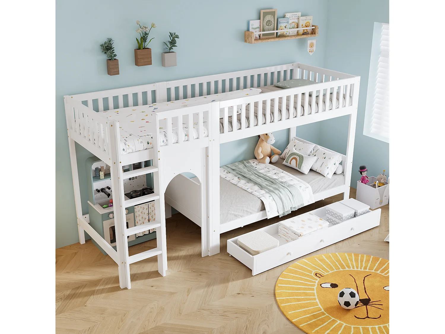 Lit superposé pour enfant - 2 x 90 x 200 cm - avec barrières de sécurité + tiroirs - pin + MDF - blanc