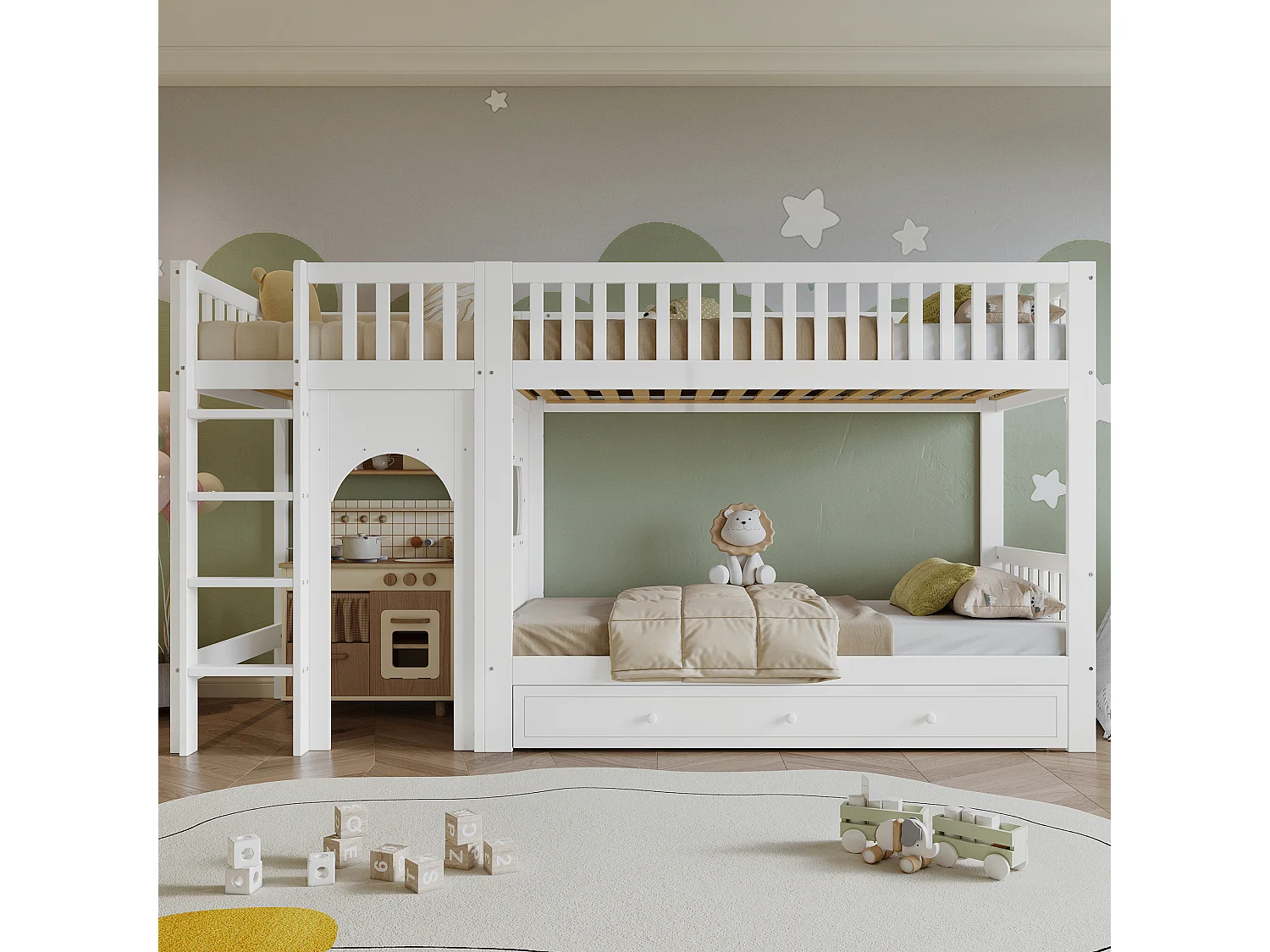 Lit superposé pour enfant - 2 x 90 x 200 cm - avec barrières de sécurité + tiroirs - pin + MDF - blanc