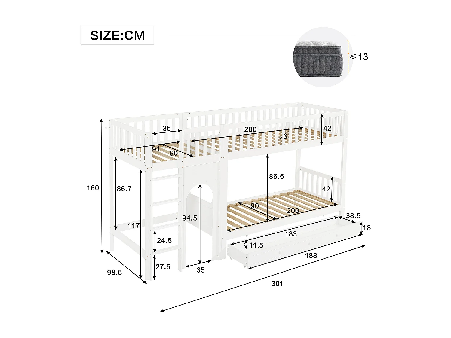 Lit superposé pour enfant - 2 x 90 x 200 cm - avec barrières de sécurité + tiroirs - pin + MDF - blanc