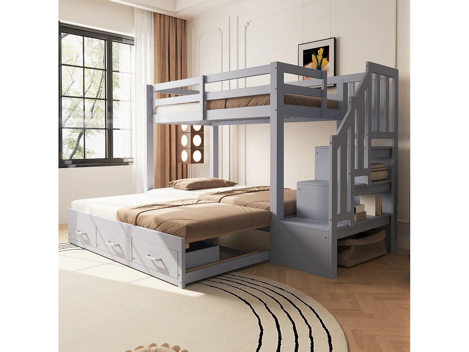 Lit superposé enfant - 90 x 200 cm - avec lit gigogne 90/180 x 190 cm + échelle de rangement + tiroirs - bois - gris