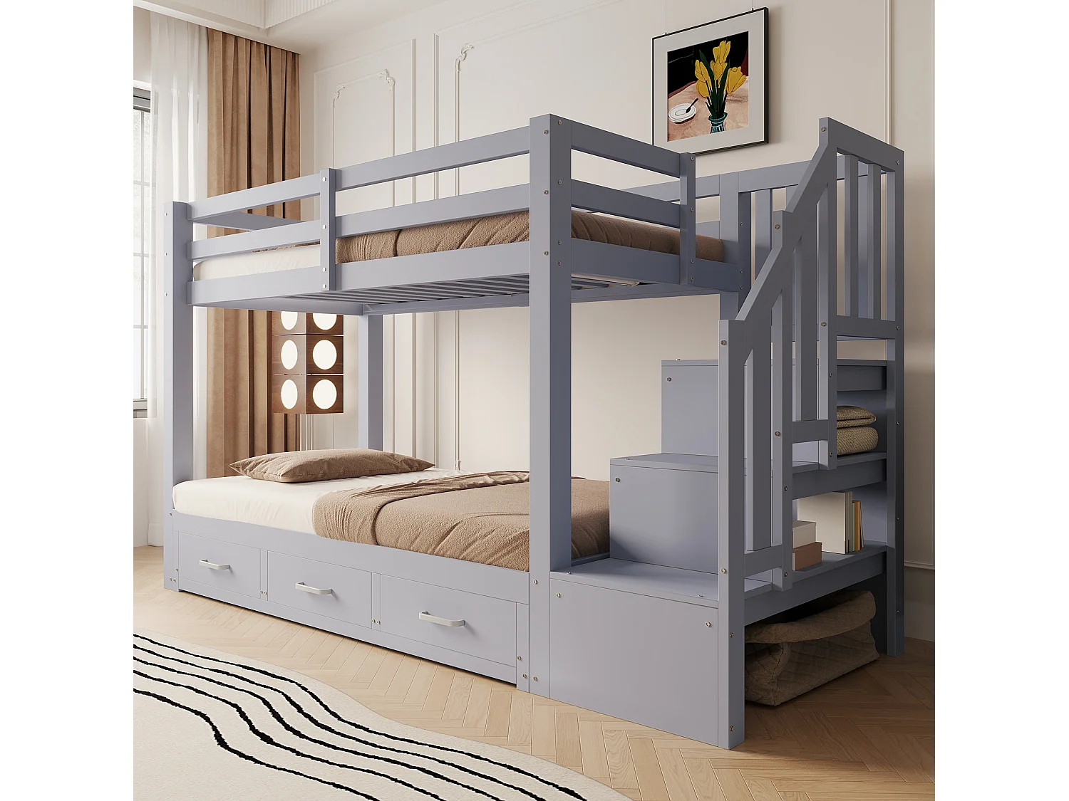 Lit superposé enfant - 90 x 200 cm - avec lit gigogne 90/180 x 190 cm + échelle de rangement + tiroirs - bois - gris