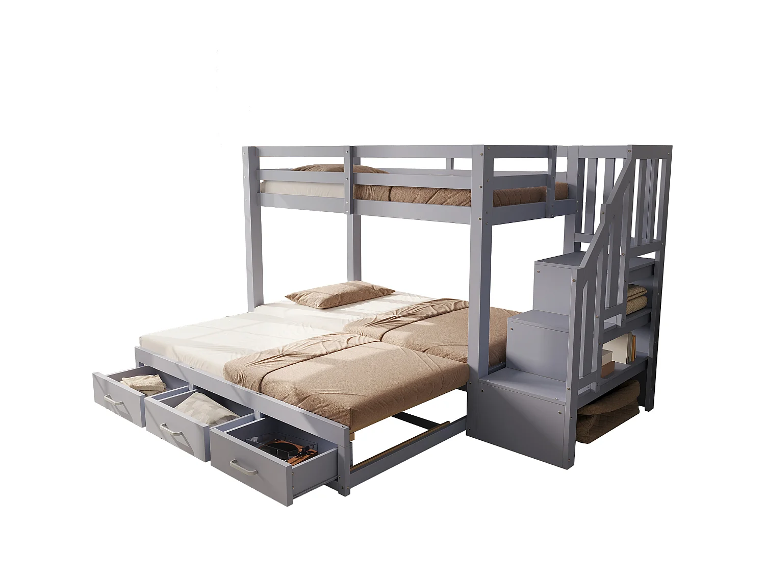 Lit superposé enfant - 90 x 200 cm - avec lit gigogne 90/180 x 190 cm + échelle de rangement + tiroirs - bois - gris