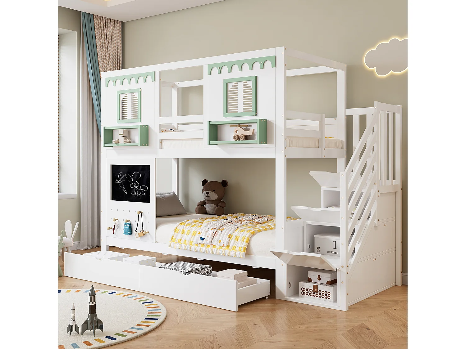 Lit superposé pour enfant - 2 x 90 x 200 cm - avec 2 tiroirs + escalier de rangement - pin + MDF - blanc et vert