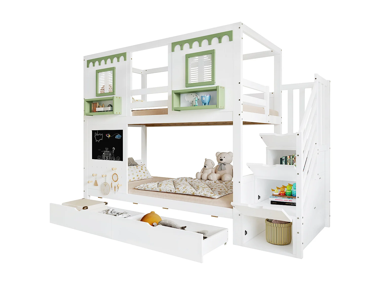Lit superposé pour enfant - 2 x 90 x 200 cm - avec 2 tiroirs + escalier de rangement - pin + MDF - blanc et vert
