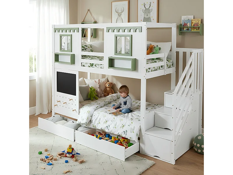Lit superposé pour enfant - 2 x 90 x 200 cm - avec 2 tiroirs + escalier de rangement - pin + MDF - blanc et vert
