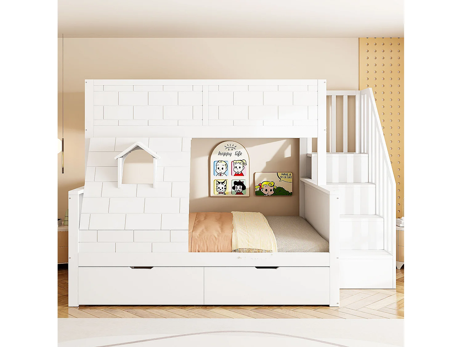 Lit superposé pour enfant - 90 x 200 cm + 140 x 200 cm - avec échelle de rangement + tiroirs + fenêtre - bois - blanc