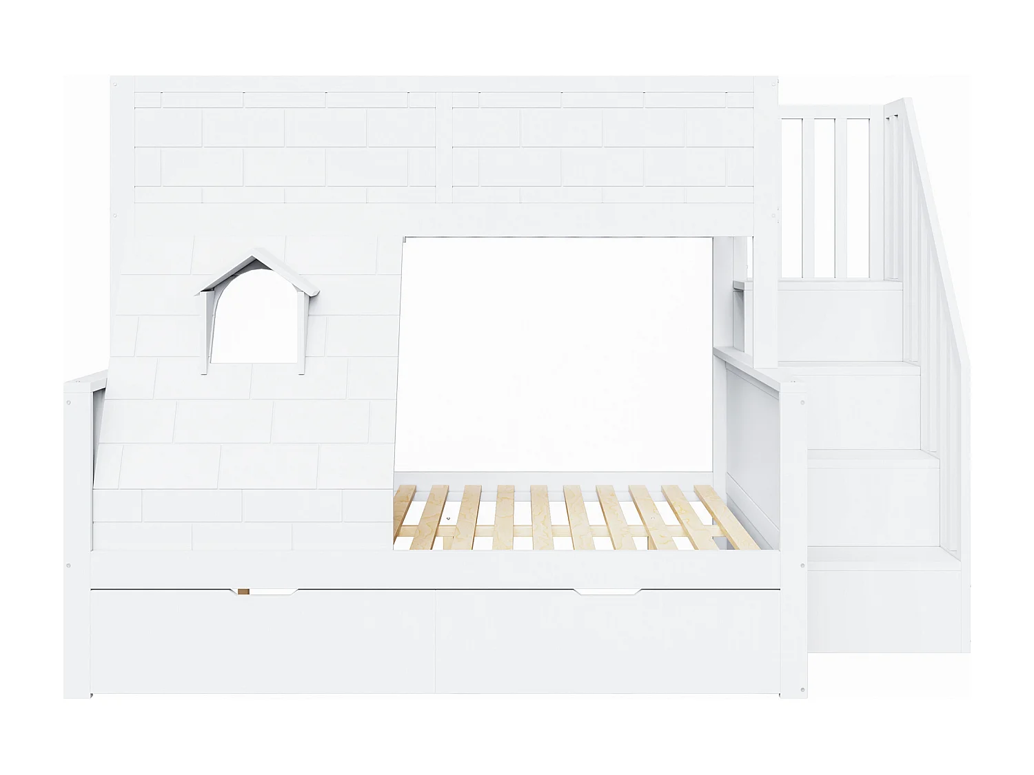 Lit superposé pour enfant - 90 x 200 cm + 140 x 200 cm - avec échelle de rangement + tiroirs + fenêtre - bois - blanc