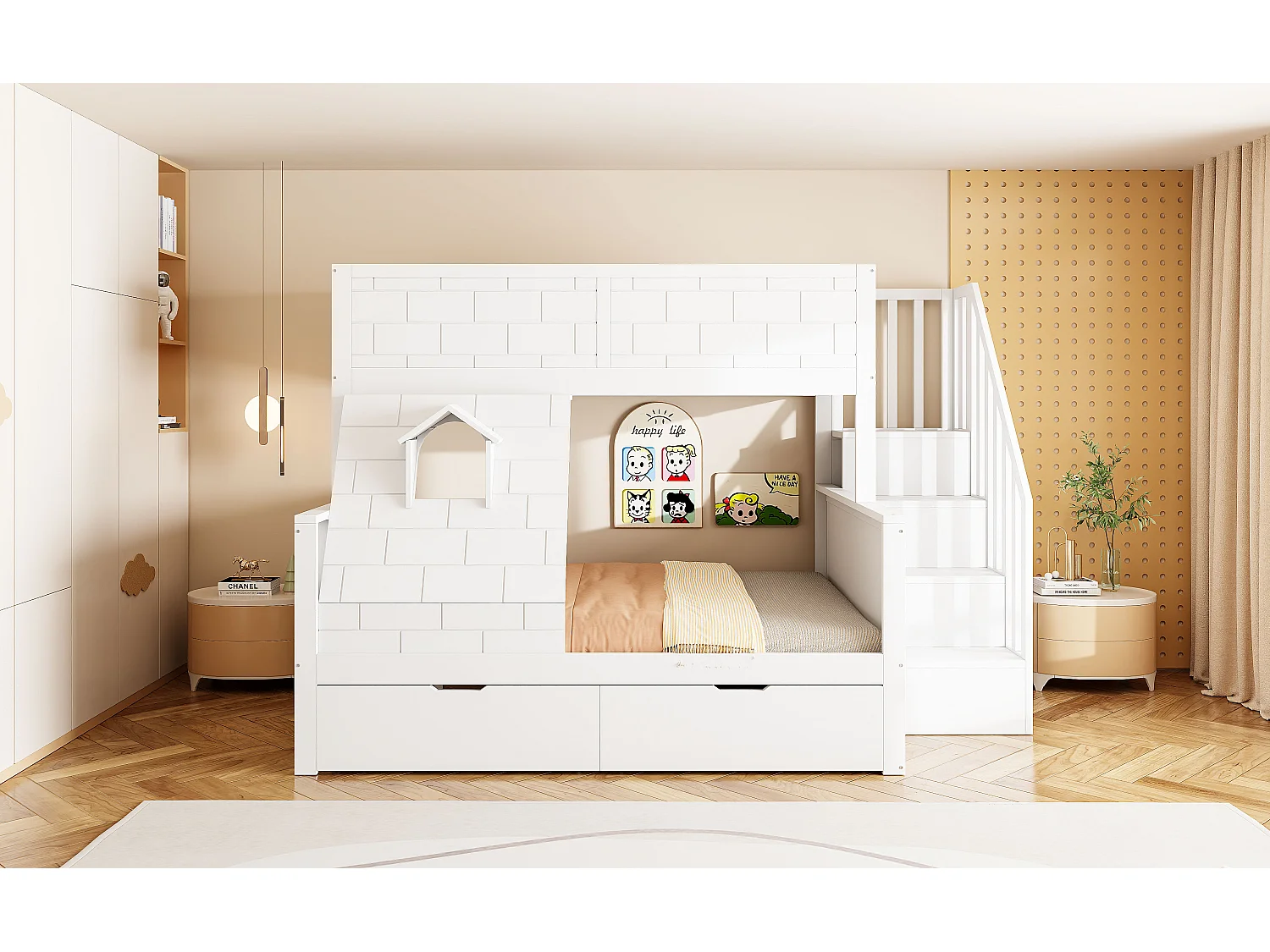 Lit superposé pour enfant - 90 x 200 cm + 140 x 200 cm - avec échelle de rangement + tiroirs + fenêtre - bois - blanc