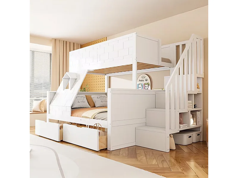 Lit superposé pour enfant - 90 x 200 cm + 140 x 200 cm - avec échelle de rangement + tiroirs + fenêtre - bois - blanc