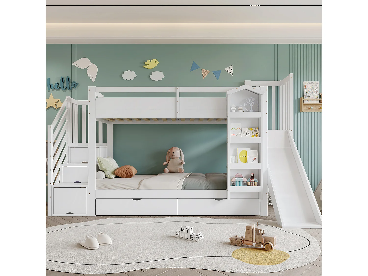 Lit superposé pour enfant - 2 x 90 x 200 cm - avec étagère + 2 tiroirs + toboggan + escalier de rangement - pin + MDF - blanc