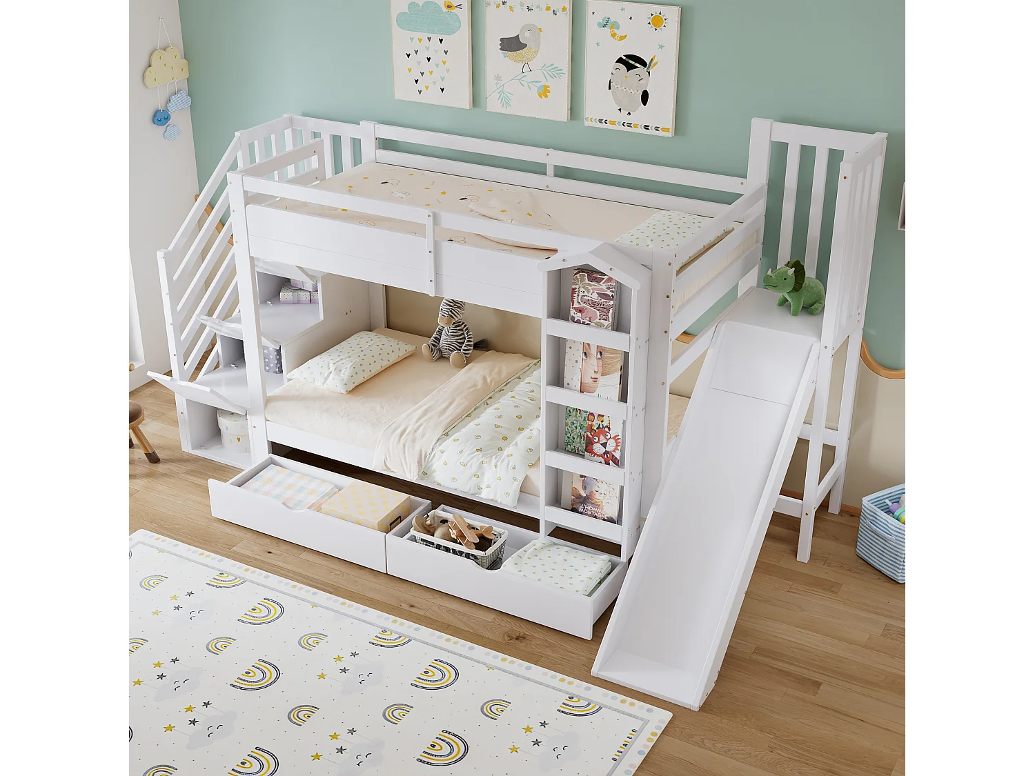 Lit superposé pour enfant - 2 x 90 x 200 cm - avec étagère + 2 tiroirs + toboggan + escalier de rangement - pin + MDF - blanc