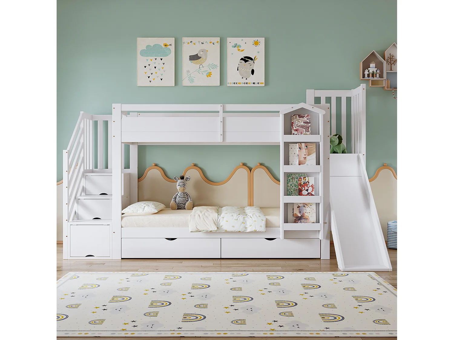 Lit superposé pour enfant - 2 x 90 x 200 cm - avec étagère + 2 tiroirs + toboggan + escalier de rangement - pin + MDF - blanc