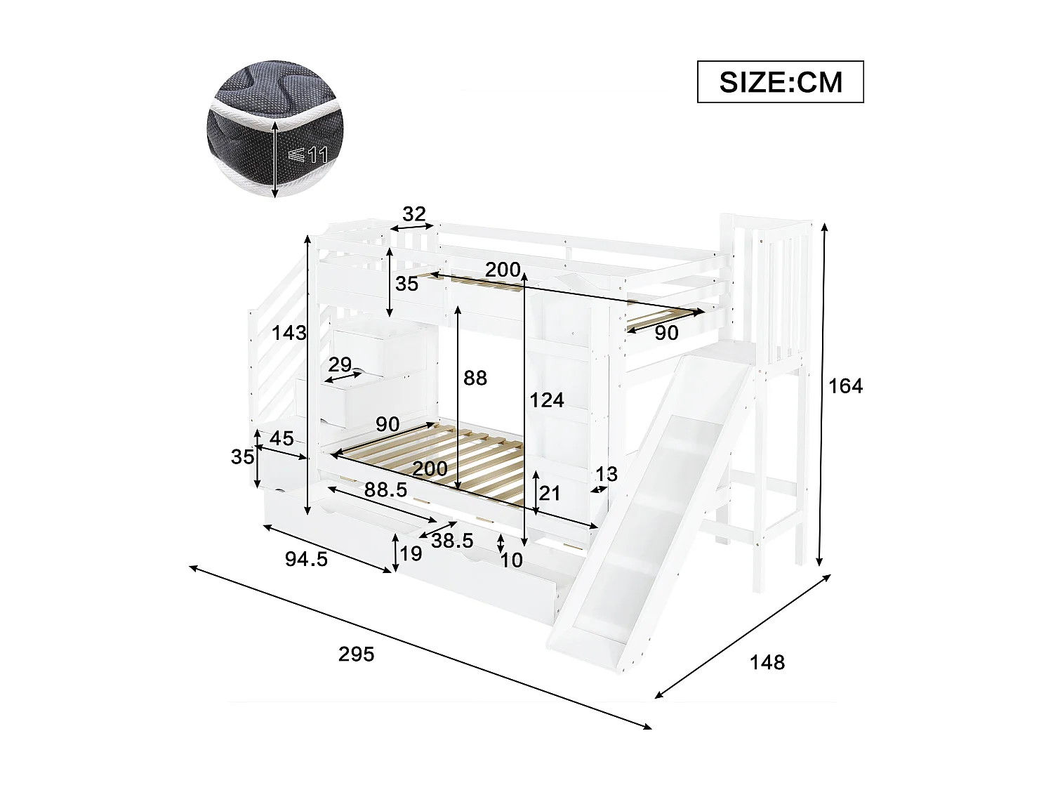 Lit superposé pour enfant - 2 x 90 x 200 cm - avec étagère + 2 tiroirs + toboggan + escalier de rangement - pin + MDF - blanc